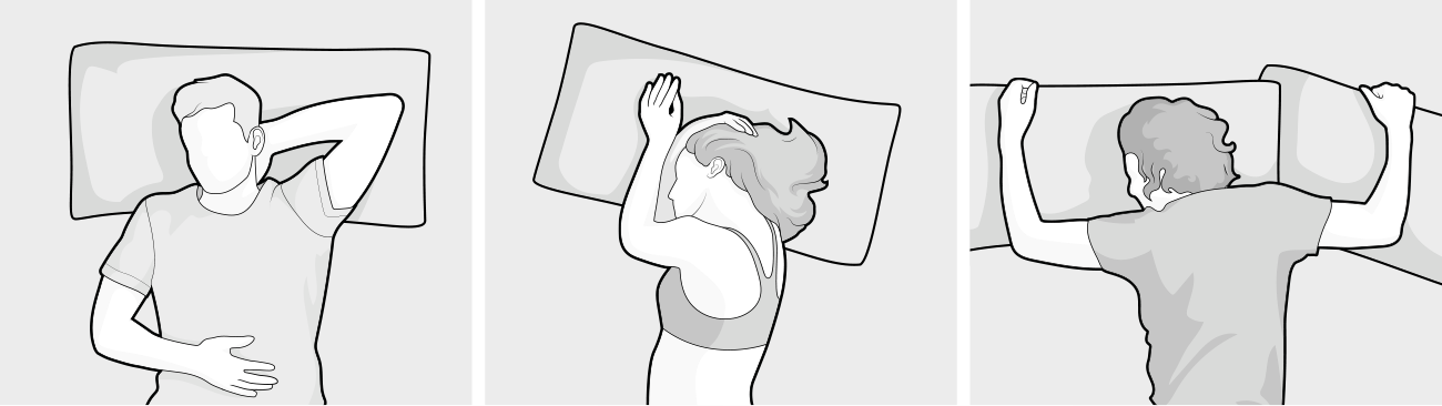 Illustration : Une personne est allongée sur le dos, la mais sous la tête. Une personne est allongée sur le côté. Une personne est allongée sur le ventre en tenant deux oreillers dans les bras.